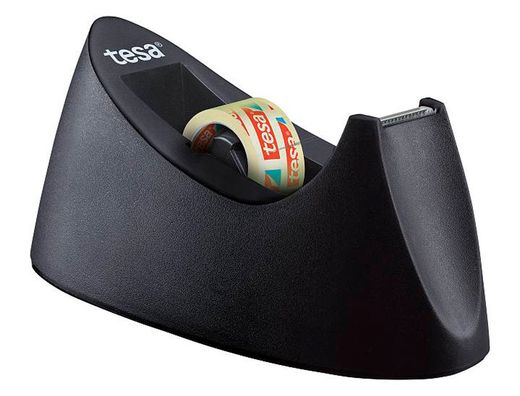 Portarrollo sobremesa tesa plastico easy cut curve negro para cinta de 33 mt x19 mm + 1 cinta tesafilm transparente