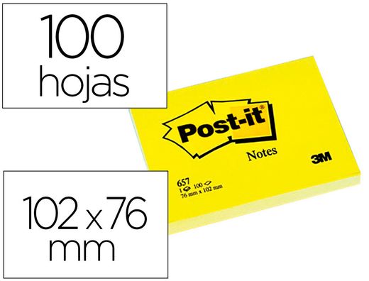 POST-IT Notas adhesivas 100h Amarillo 76 x 102 mm Ref.657