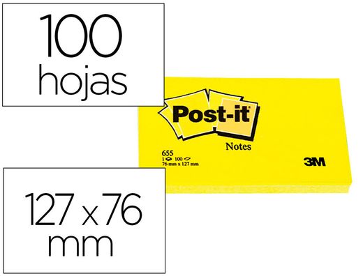 POST-IT Notas adhesivas 100h Amarillo 76x127mm Ref.655