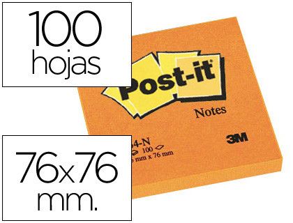 POST-IT Notas adhesivas 100h Naranja neon 76x76mm