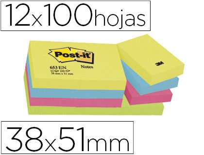 POST-IT Notas adhesivas Gama Energia Pack 12 blocs 100h Colores surtidos 38x51mm