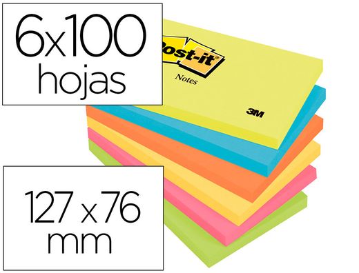 POST-IT Notas adhesivas Gama Energia Pack 6 blocs 100h Colores surtidos 76x127mm