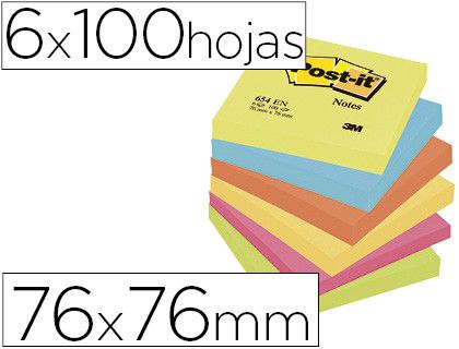 POST-IT Notas adhesivas Gama Energia Pack 6 blocs 100h Colores surtidos 76x76mm
