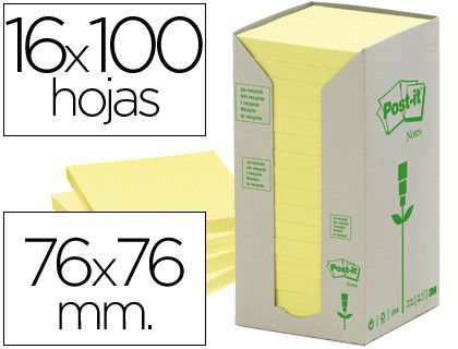 POST-IT Torre notas adhesivas 16 blocs 100h Amarillo 76x76mm Reciclado FT510110347