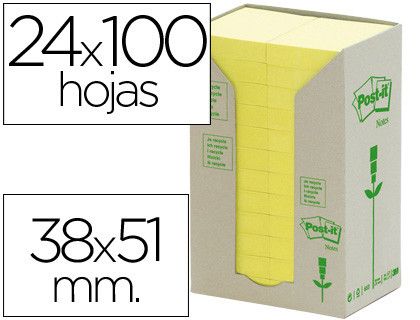 POST-IT Torre notas adhesivas 24 blocs 100h Amarillo 38x51mm Reciclado FT510110388