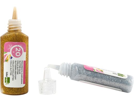 Purpurina Pegamento Liderpapel Fantasia Colores Metalicos Oro y Plata Bote de 20 Gr