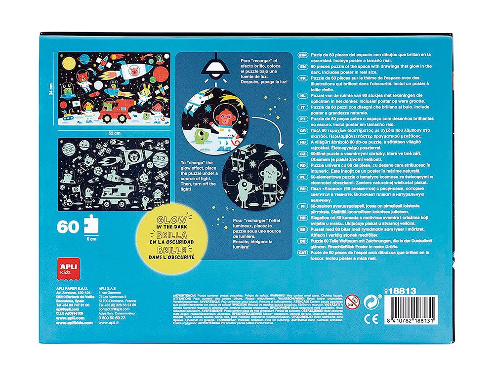 Puzle apli fluorescente espacio 60 piezas tamaño 6x6 cm