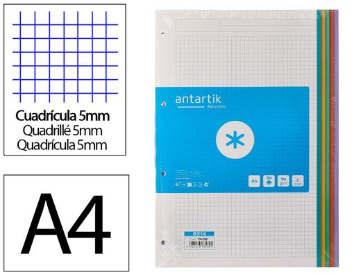 Recambio antartik A4 80 hojas 90gr cuadro 5 mm 4 taladros bandas de 5 colores pasteles