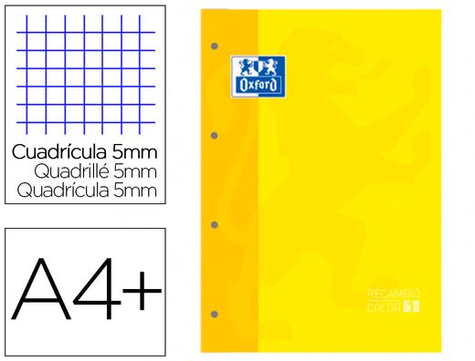 Recambio color 1 oxford din a4+ 80 hojas 90 gr cuadro 5 mm 4 taladros color amarillo