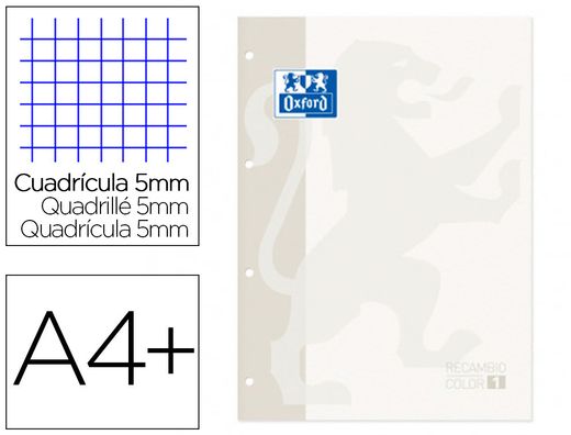 Recambio color 1 oxford din a4+ 80 hojas 90 gr cuadro 5 mm 4 taladros color blanco