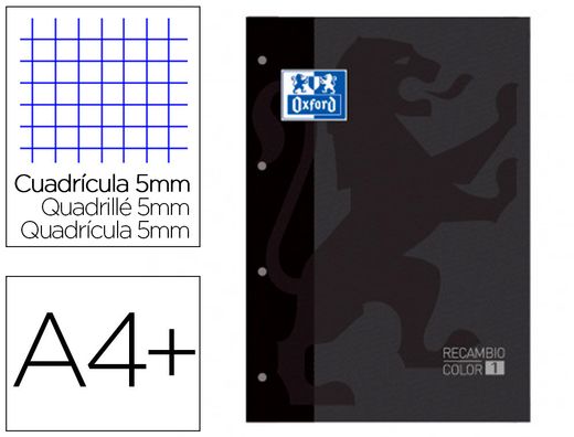 Recambio color 1 oxford din a4+ 80 hojas 90 gr cuadro 5 mm 4 taladros color negro