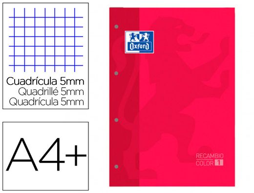Recambio color 1 oxford din a4+ 80 hojas 90 gr cuadro 5 mm 4 taladros color rojo