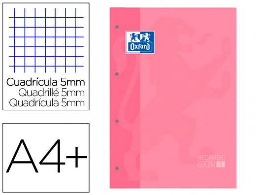 Recambio color 1 oxford din a4+ 80 hojas 90 gr cuadro 5 mm 4 taladros color rosa chicle