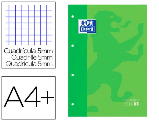 Recambio color 1 oxford din a4+ 80 hojas 90 gr cuadro 5 mm 4 taladros color verde manzana