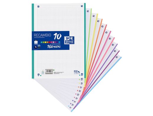Recambio color oxford DIN A4 160 hojas 90 gr optik paper cuadro 5 mm 4 taladros banda 10 colores