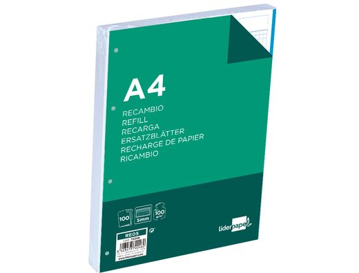 Recambio Liderpapel A4 100 Hojas 100 G/M2 Cuadro 5 mm 4 Taladros Bandas de 5 Colores
