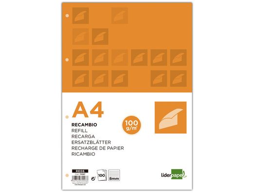 Recambio Liderpapel A4 100 Hojas 100 G/M2 Rayado Horizontal 4 Taladros Bandas de 5 Colores