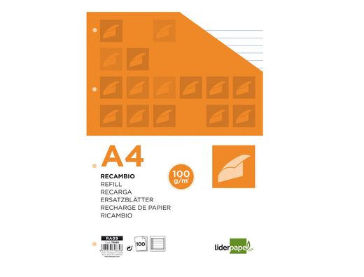 Recambio Liderpapel A4 100 Hojas 100 G/M2 Rayado Horizontal con Margen 4 Taladros