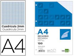 Recambio Liderpapel A4 100 Hojas 100G/M2 Cuadro 2Mm con Margen 4 Taladros