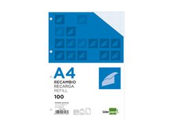 Recambio Liderpapel A4 100 Hojas 100G/M2 Cuadro 2Mm con Margen 4 Taladros