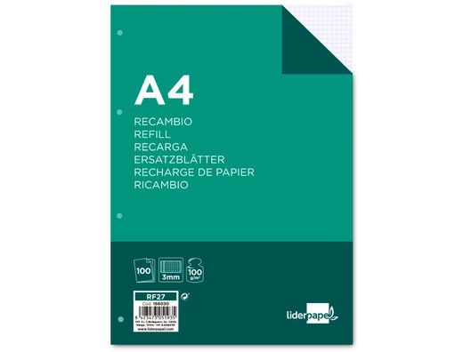 Recambio liderpapel a4 100 hojas 100g/m2 cuadro 3mm con margen 4 taladros