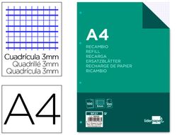 Recambio liderpapel a4 100 hojas 100g/m2 cuadro 3mm con margen 4 taladros