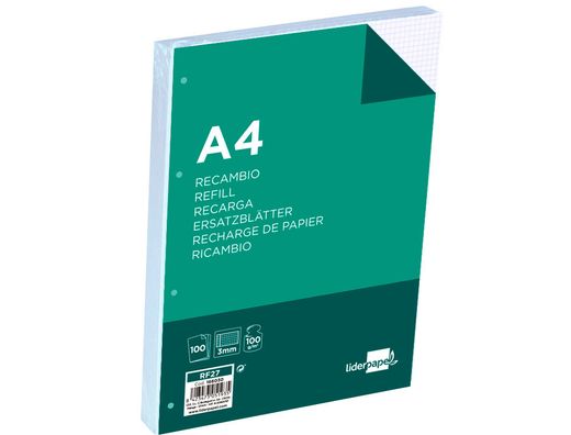 Recambio liderpapel a4 100 hojas 100g/m2 cuadro 3mm con margen 4 taladros