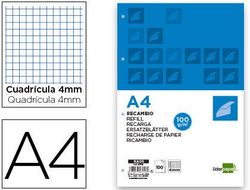 Recambio Liderpapel A4 100 Hojas 100G/M2 Cuadro 4Mm con Margen 4 Taladros
