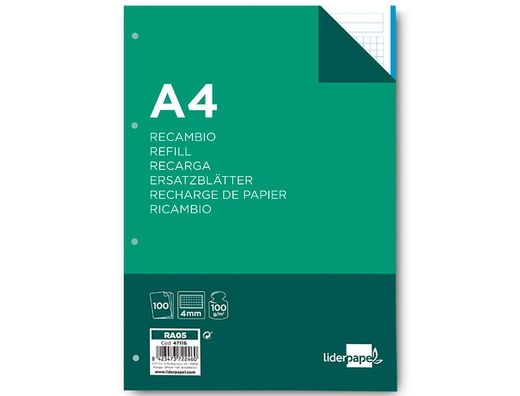 Recambio Liderpapel A4 100 Hojas 100G/M2 Cuadro 4Mm con Margen 4 Taladros