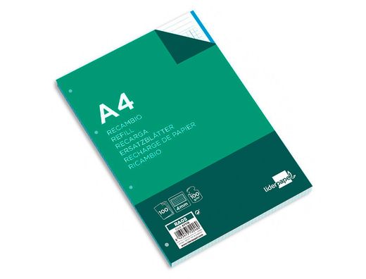 Recambio Liderpapel A4 100 Hojas 100G/M2 Cuadro 4Mm con Margen 4 Taladros