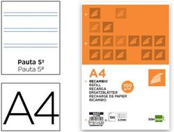 Recambio Liderpapel A4 100 Hojas 100G/M2 Pauta 5ª 2.5Mm con Margen 4 Taladros