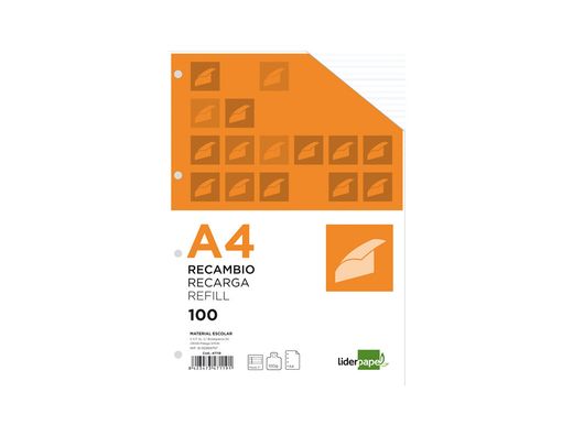 Recambio Liderpapel A4 100 Hojas 100G/M2 Pauta 5ª 2.5Mm con Margen 4 Taladros