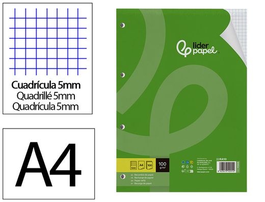 Recambio liderpapel A4 100 hojas 100gr cuadro 5mm con margen 4 taladros