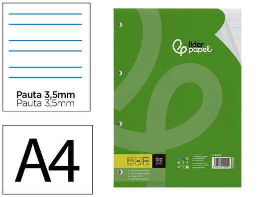 Recambio liderpapel A4 100 hojas 100gr pauta 3,5mm con margen 4 taladros