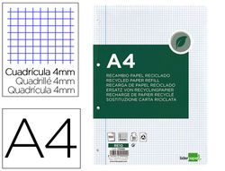 Recambio liderpapel a4 100 hojas papel reciclado 100% 80g/m2 cuadro 4mm con margen 4 taladros