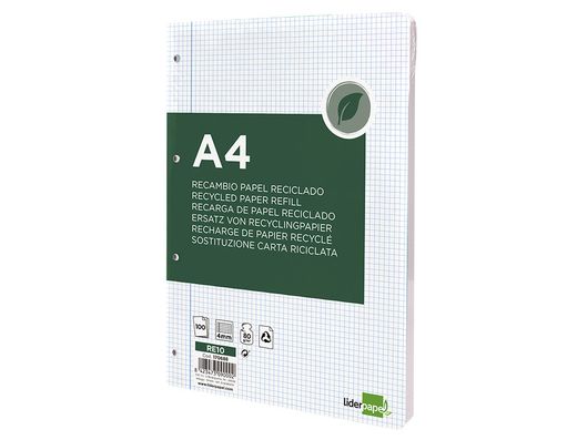 Recambio liderpapel a4 100 hojas papel reciclado 100% 80g/m2 cuadro 4mm con margen 4 taladros