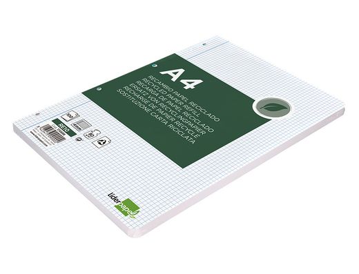 Recambio liderpapel a4 100 hojas papel reciclado 100% 80g/m2 cuadro 4mm con margen 4 taladros
