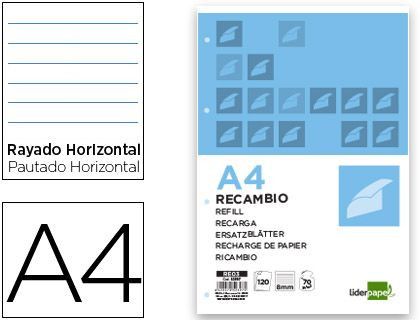 Recambio Liderpapel A4 120 Hojas 70G/M2 Horizontal Sin Margen 4 Taladros Bandas de 5 Colores