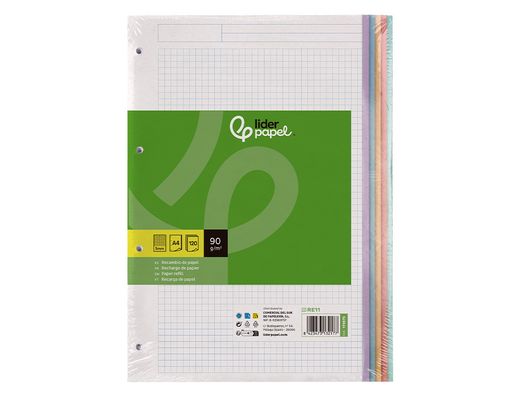 Recambio liderpapel A4 120 hojas 90gr cuadro 5 mm 4 taladros bandas de 5 colores pasteles