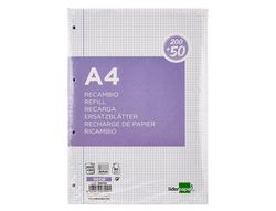 Recambio liderpapel a4 200+50 hojas 90g/m2 cuadro 4 mm con margen 4 taladros