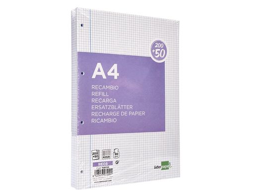 Recambio liderpapel a4 200+50 hojas 90g/m2 cuadro 4 mm con margen 4 taladros