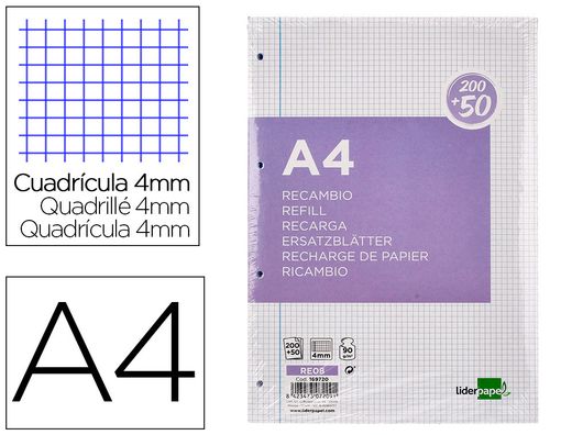Recambio liderpapel a4 200+50 hojas 90g/m2 cuadro 4 mm con margen 4 taladros