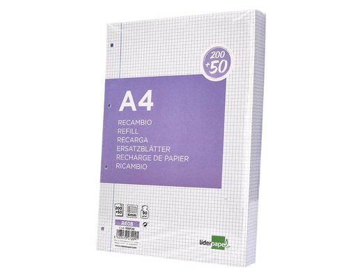 Recambio liderpapel a4 200+50 hojas 90g/m2 cuadro 4 mm con margen 4 taladros