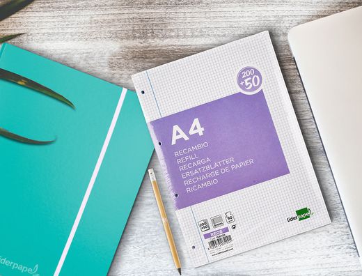 Recambio liderpapel a4 200+50 hojas 90g/m2 cuadro 4 mm con margen 4 taladros