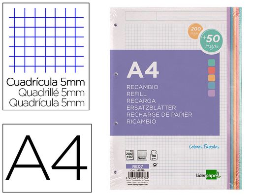 Recambio liderpapel a4 200+50 hojas 90g/m2 cuadro 5 mm 4 taladros bandas de 5 colores