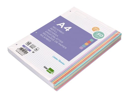 Recambio liderpapel a4 200+50 hojas 90g/m2 cuadro 5 mm 4 taladros bandas de 5 colores