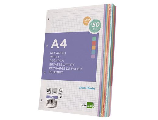 Recambio liderpapel a4 200+50 hojas 90g/m2 cuadro 5 mm 4 taladros bandas de 5 colores