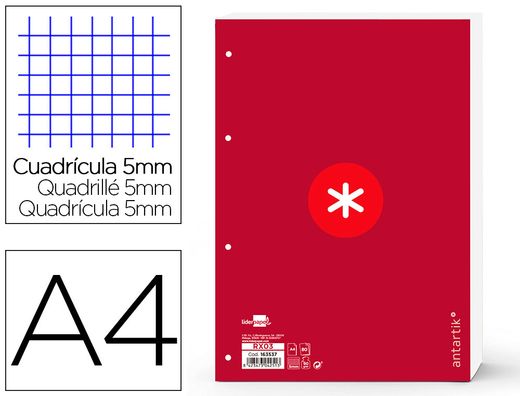 Recambio liderpapel a4 antartik 80 hojas 90g/m2 cuadro 5 mm 4 taladros 1 banda marco color frambuesa