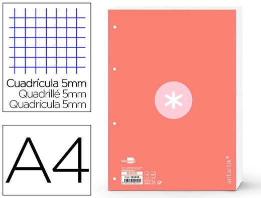 Recambio liderpapel a4 antartik 80 hojas 90g/m2 cuadro 5 mm 4 taladros 1 banda marco color rosa