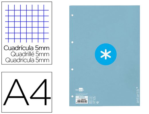 Recambio liderpapel a4 antartik 80 hojas 90g/m2 cuadro 5mm 4 taladros 1 banda con marco color celeste